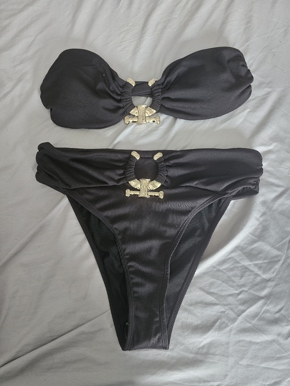 Black Bandeau Bikini Set with Gold Hardware